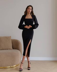 Black Midi Formal Dress, Black Long Sleeve Formal Dress, Black Formal Midi Dress, Midi Formal Dress, Midi Gowns, Midi Bridesmaid Dress, Black Pencil Dress, Elegant Black Dress, Long Sleeve Outfits