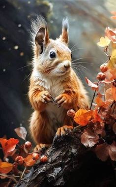 a red squirrel standing on top of a tree branch with its paws in the air