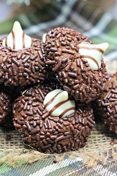 chocolate covered cookies are piled on top of each other