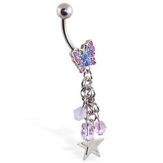 Butterfly navel ring with dangles and stars.  #bellyring #piercing #bodypiercings #bodyjewelry #butterfly ♥ $8.99 via OnlinePiercingShop.com Silver Dangle Belly Rings In Stainless Steel, Nickel-free Dangle Belly Rings In Sterling Silver, Nickel Free Sterling Silver Dangle Belly Rings, Nickel-free Sterling Silver Dangle Belly Rings, Stainless Steel Dangle Belly Rings As Gift, Stainless Steel Dangle Belly Rings For Gift, Internally Threaded Dangle Belly Rings, Bellyring Piercing, Future Jewelry