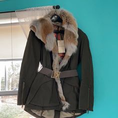 Beautiful! (Made In Italy) Hood Lined W Fox Fur Red Fox Fur Collar Two Handwarmer Pockets Button Front Closure New W Tsgs Luxury Fall Parka With Faux Fur Trim, Designer Long Sleeve Outerwear With Faux Fur Trim, Luxury Fall Parka, Luxury Fall Parka With Faux Fur Lining, Designer Winter Outerwear With Faux Fur Lining, Designer Fitted Outerwear With Faux Fur Trim, Designer Fitted Outerwear With Faux Fur Lining, Suede Biker Jacket, Faux Suede Moto Jacket