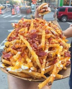 a person holding up a plate full of french fries covered in cheese and bacon