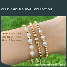 PEARL AND GOLD FILLED BRACELET Thanks for choosing us ! I am sure you will LOVE our PM DESIGN Collection! * Classic Gold Filled Bracelet 4mm ( corrugated ball Bead in the center 6mm) * Classic Gold Filled Bracelet 3mm ( corrugated ball Bead in the center 5mm) * Classic Gold Filled Bracelet 4mm with 5 Fresh Water Pearls * Classic Gold Filled Bracelet 4mm with 3 Fresh Water Pearls SEE our Mix gold & sterling silver ( go to our store * Stretch to fit perfectly ! * * If you want a size that is n Gold Bracelets With Pearl Charm For Anniversary, Gold Bracelet With Pearl Charm For Anniversary, Gold Beaded Bracelets With Round Beads As Bridesmaid Gift, Wedding Beaded Bracelets 14k Gold Filled With Round Beads, 14k Gold Filled Beaded Bracelets For Wedding, Gold Pearl Bracelet For Anniversary, 14k Gold Filled Round Bead Bracelets For Wedding, Gold 14k Gold-filled Beaded Bracelets For Wedding, Gold Beaded Wedding Bracelets 14k Gold Filled