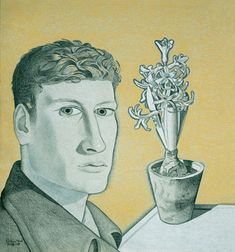 a drawing of a man sitting at a table with a potted plant in front of him