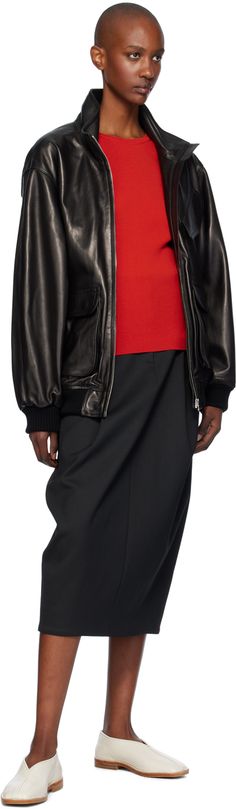 Oversized vegetable-tanned grained lambskin jacket. · Stand collar · Zip closure · Flap pockets · Rib-knit hem and cuffs · Zip pocket at interior · Full twill lining · Silver-tone hardware Supplier color: Black Lambskin Jacket, Zip Jacket, Flap Pocket, Stand Collar, Rib Knit, Zip Pockets, Silver Tone, Collar, Leather