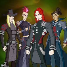 four anime characters standing next to each other in front of a dark background with green light