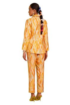 Yellow chanderi blazer with all over abstract prints. Paired with coordinating straight pant. - Aza Fashions Silk Workwear Sets With Printed Motifs, Silk Sets With Printed Motifs For Workwear, Shawl Collar Blazer, Pant Women, Pant For Women, Yellow Abstract, Printed Blazer, Straight Pants, Shawl Collar