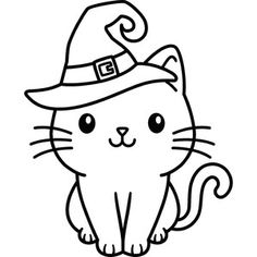 a black and white drawing of a cat wearing a witches hat