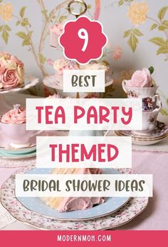 tea party themed bridal shower ideas with pink flowers and cupcakes on the table