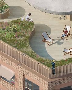 an artist's rendering of two people sitting in lawn chairs on top of a building