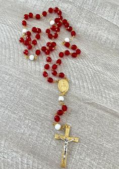 Handcrafted Catholic Prayer Rosary. Red and White Glass Czech Beads With Gold and Silver Crucifix. - Etsy Handmade Red Rosary With Cross, Faceted Beads Crucifix Rosary As Gift, Handmade Red Cross Rosary, Red Crucifix Rosary As Gift, Handmade Red Rosary, Spiritual Red Crucifix Rosary, Crystal Rosary, Rosary Jewelry, Gold Rosary