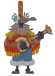 an image of a cartoon bird playing a guitar and wearing a mexican outfit with feathers