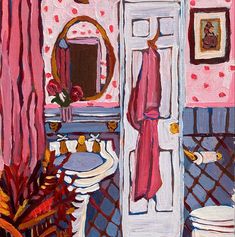 a painting of a bathroom with pink walls