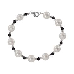 Adorn yourself with this sterling silver bracelet. Featuring faceted onyx and diamond-cut brilliance beads, this freshwater cultured pearl bracelet is a luminous addition to any look. Wear this stunning bracelet with business or evening attire.    Diamond-cut brilliance beads are coated with a tarnish-resistant finish.    Rhodium plating adds extra radiance to the sterling silver construction.    Bracelet comes in a gift box.    Details:            8-9-mm cultured pearls        7 1/2-in. bracele Elegant Pearl Bracelet With Gemstone Beads, Elegant Pearl White Jewelry With Gemstone Beads, Elegant Jewelry With Faceted Rondelle Beads, Elegant Rondelle Jewelry With Faceted Beads, Elegant Faceted Beads Jewelry Bracelet, Elegant Round Faceted Beads Jewelry, Elegant Pearl Bracelet With Faceted Beads, Elegant White Pearl Bracelet With Polished Beads, Elegant White Pearl Bracelet With Faceted Beads