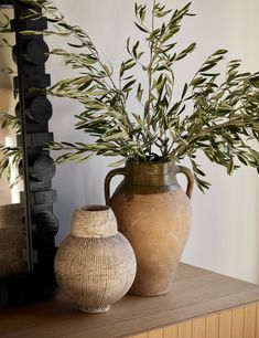 two vases sitting on top of a wooden table next to a mirror and plant