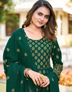 Designer Party Wear Heavy 14 Kg Rayon Readymade Kurti With Dupatta Processing Time : 10-12 Business Days Work : Gold Foil Print Fabric:Top : Heavy 14 Kg Rayon Bottom : Heavy 14 Kg Rayon Dupatta : NA Color:Top : Green Bottom : Green Dupatta : NA Long Gown With Dupatta, Kurti With Dupatta, Green Dupatta, Gown With Dupatta, Party Wear Kurtis, Cotton Dress Material, Green Gown, Designer Salwar Suits, Printed Kurti