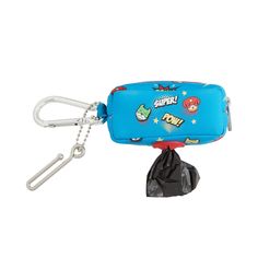 a small blue bag with a keychain hanging from it's front end