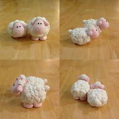 stuffed sheep laying on the floor in different positions