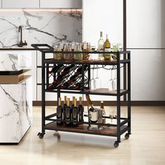 a wine rack with bottles and glasses on it next to a marble counter top in a kitchen