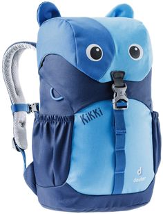 a blue backpack with an elephant face on the front and back pocket, which has two eyes