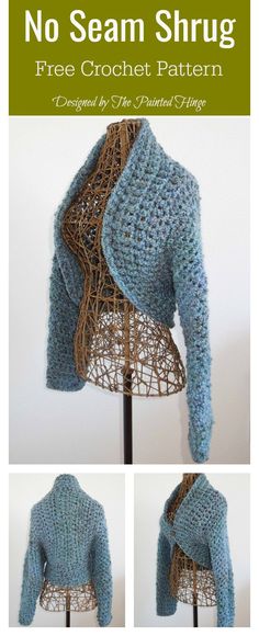 a crocheted jacket is shown with the text, no seam shrug free crochet pattern