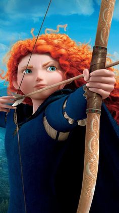 merida from brave with bow and arrow in her hand, looking at the camera