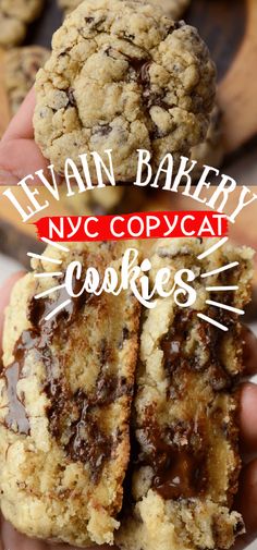 someone holding two cookies in their hands with the title overlay that reads evan bakery nyc copycat cookies