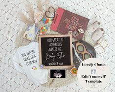 the baby's personalized gift is displayed on top of a blanket with other items