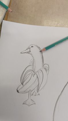 a drawing of a bird sitting on top of a piece of paper next to a pencil