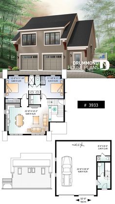 two story house plan with garage and living room