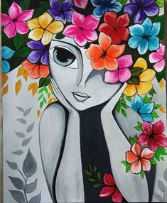 a painting of a woman with flowers in her hair and eyes painted on the canvas