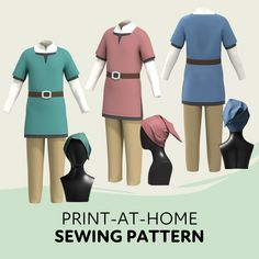 three mannequins wearing different colored clothes and hats with text that reads print - at - home sewing pattern