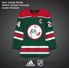 the jersey worn by new jersey devil's hockey team is shown in green, red and white