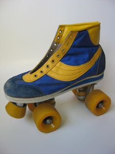 a pair of blue and yellow roller skates