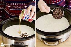 two pictures showing how to make chocolate chips in an instant pot with milk being poured into it