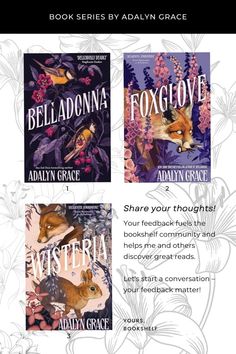 three books with flowers and animals on them, including the title for foxglove