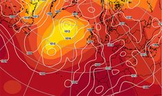 a red and yellow map shows the temperature across the world in different directions, with an orange background