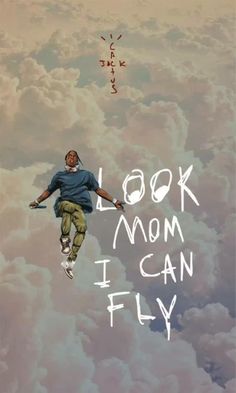 a man flying through the air on top of clouds with words above him that read, look mom i can fly