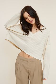 Find the All The Way Beige Long Sleeve Crop Top at BohoPink.com! Relaxed oversized crop top with V-neckline and exposes seams. Express shipping is available! Oversized Crop Top, Beige Long Sleeve, Trousers Details, Boho Pink, Exposed Seams, Beige Top, Pink Boho, Long Sleeve Crop, Long Sleeve Crop Top