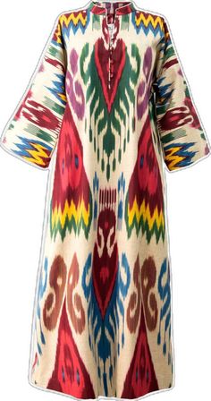 Tohira Kaftan Traditional Dress Multicolor Talisman, Image Multicolor Ikat Print Long Sleeve Kaftan, Multicolor Long Sleeve Ikat Print Kaftan, Long Sleeve Multicolor Ikat Print Kaftan, Traditional Multicolor Long Sleeve Maxi Dress, Bohemian Long Sleeve Ikat Print Kaftan, Traditional Long Sleeve Multicolor Tunic, Traditional Multicolor Maxi Dress With Kimono Sleeves, Traditional Long Sleeve Ikat Print Tunic, Traditional Long Sleeve Tunic With Ikat Print