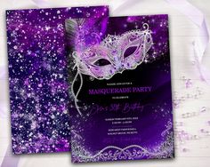 a masquerade party flyer with purple and silver glitters on the front, featuring a mask