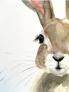 a watercolor painting of a rabbit's face with long ears and black eyes