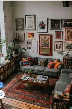 a living room filled with furniture and lots of pictures on the wall above it's coffee table