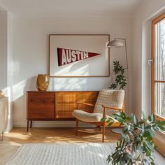 a living room with white walls and wooden furniture in front of a large painting on the wall