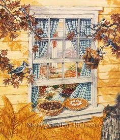 a painting of a window with pies and fruit on it in front of a tree