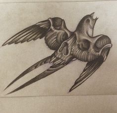 a pencil drawing of a bird with claws on it's wings and skull in the background