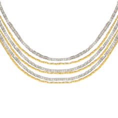 This 18k gold plated and rhodium plated necklace features layered strands of small square beads, attached with a magnetic closure. The longest strand measures 20 inches, while the shortest measures 16 inches. Handmade in Brazil, it offers a chic and contemporary style. It pairs with Nubia, Khalida or Nehara Bracelets. Elegant Multi-strand Chain Necklace With Box Chain, Elegant Multi-strand Box Chain Necklace, Statement Chandeliers, Casual Rings, Square Beads, Plate Necklace, Square Bead, Silver Shop, Short Necklace