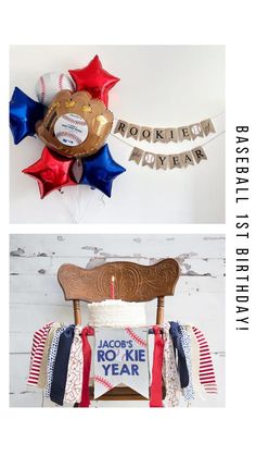 two photos of the same birthday cake and balloons on top of a wooden chair with ribbons around it