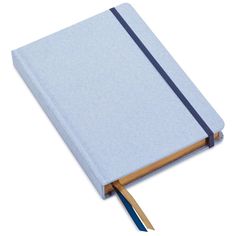 a light blue notebook with a brown ribbon