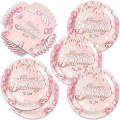 pink birthday plates and napkins with the words happy birthday on them